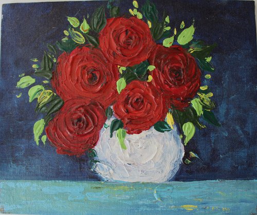 Red Roses- Impasto palette knife acrylic painting on a canvas board - textured floral still life artwork by Vikashini Palanisamy