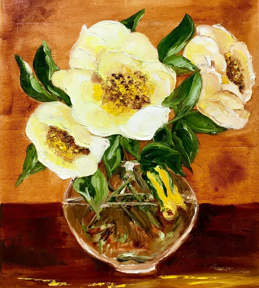 Bouquet of wild yellow roses in a vase on wooden table. by Olga Koval