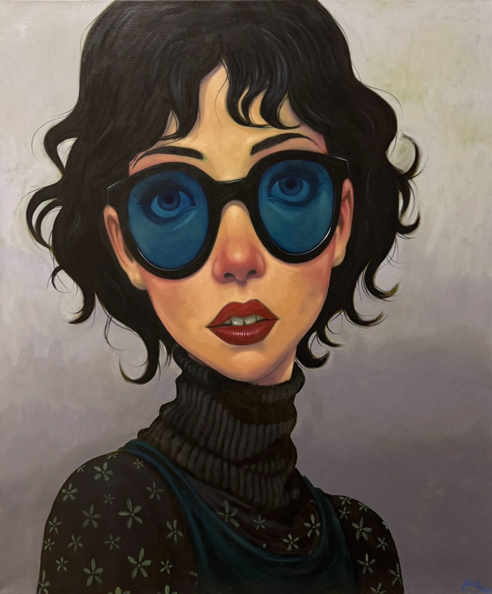 Naive Portrait Oil Painting By Pete Conroy, 30 X 36", Blue Lagoon, Original Artwork