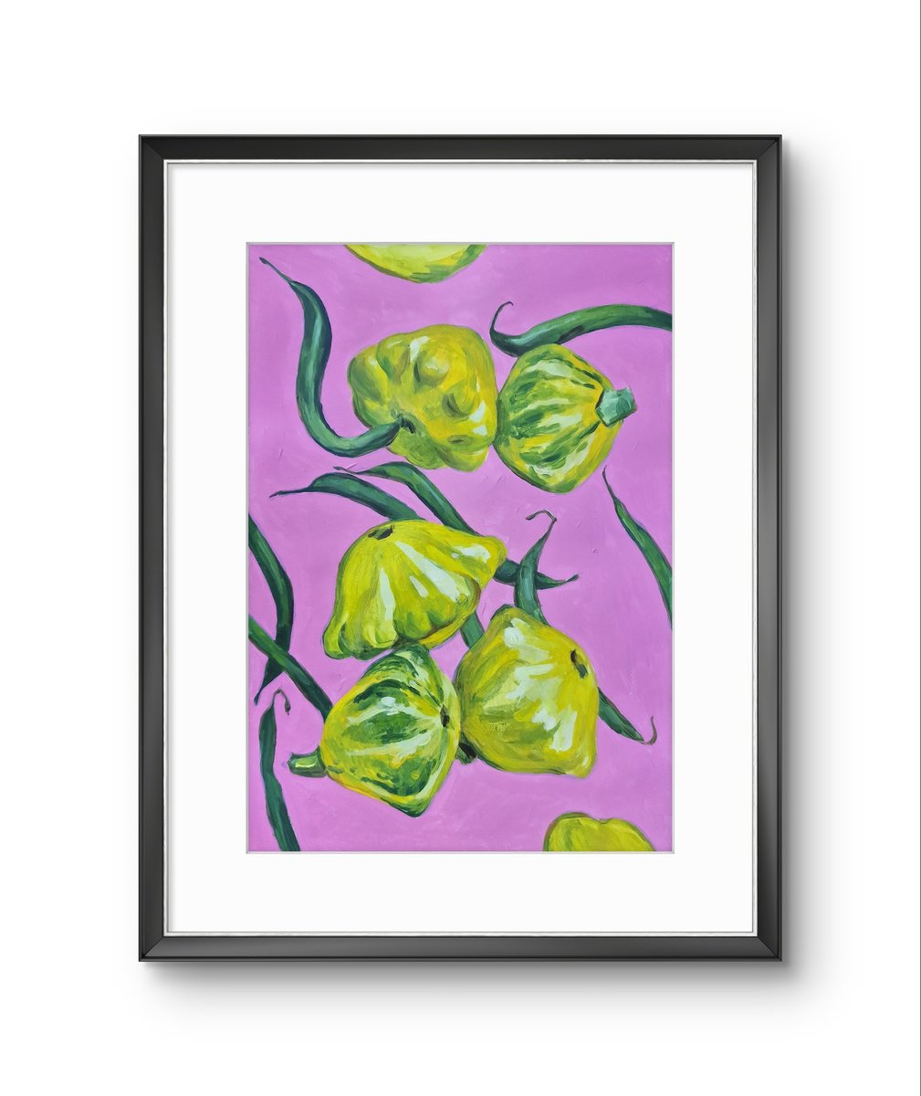 Impressionistic Still Life Acrylic Painting By Dita Galas, 8 X 12, Pattypan Squash Dancing, Original Artwork