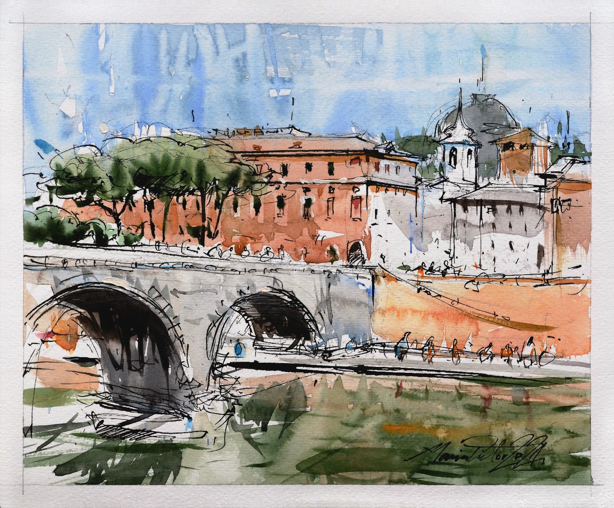 Rome panoramic urban sketch watercolor art by Marin Victor