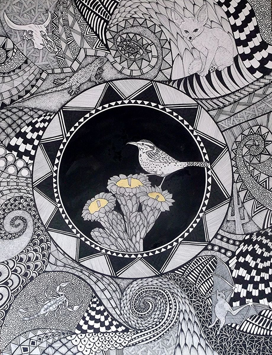 Illustrative Animal Ink Drawing By Terri Smith, 28 X 22", Night Garden: Cactus Bird, Original Artwork