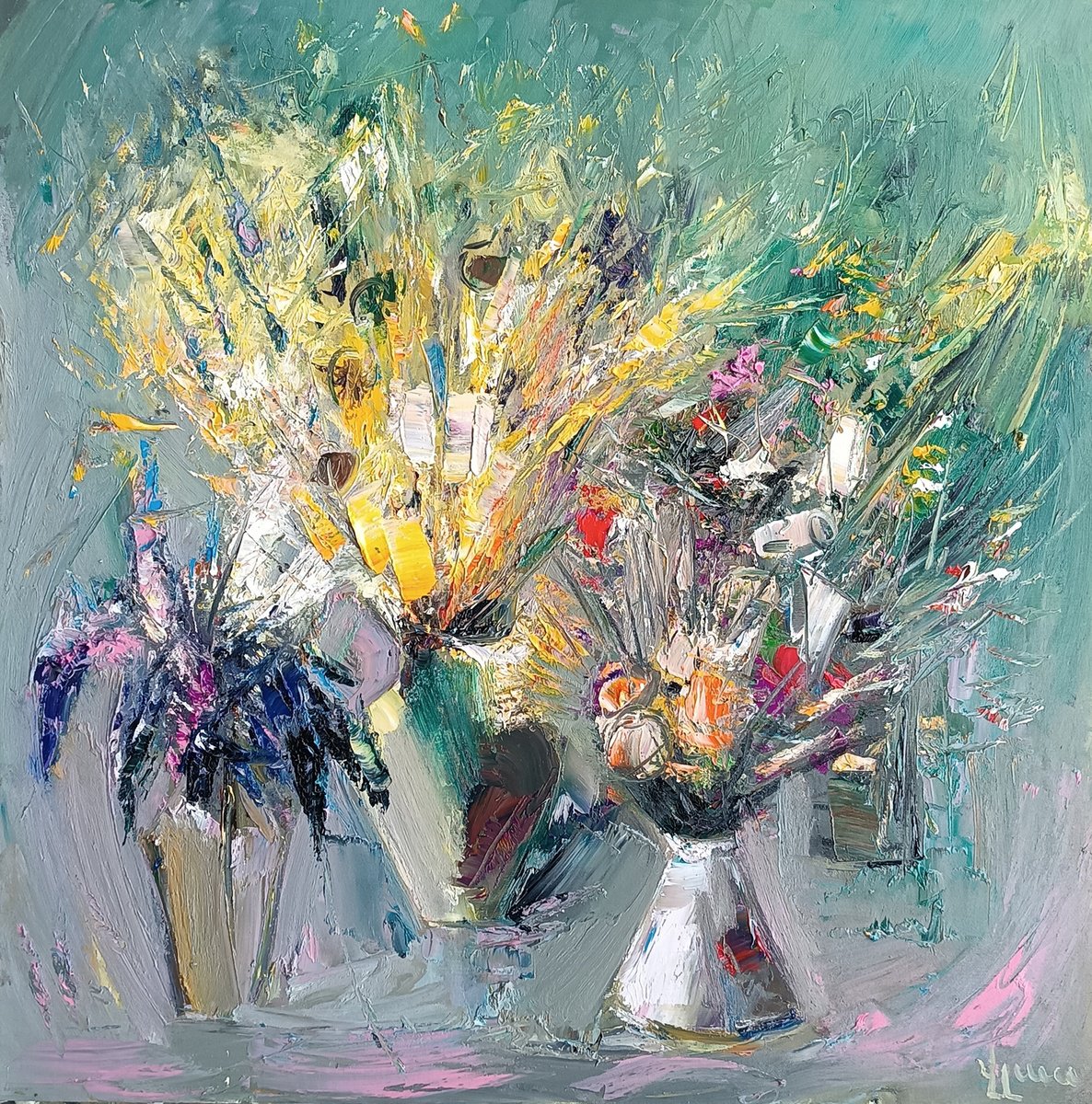 Abstract Botanical Oil Painting By Vlas Ayvazyan, 28 X 28", Garden Abstraction, Original Artwork