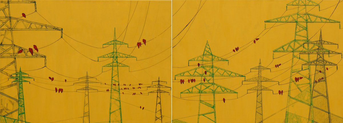 Landscape Acrylic Painting By Petq Popova, 55 X 20", "Birds On Wires", Original Artwork