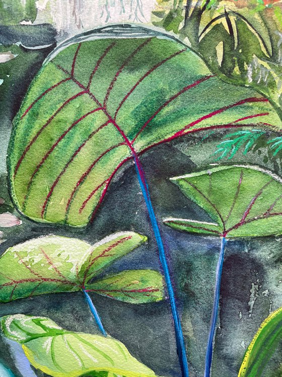 Botanical Original Watercolor Painting, Garden Plants Mixed Media Artwork, Greenery Wall Art