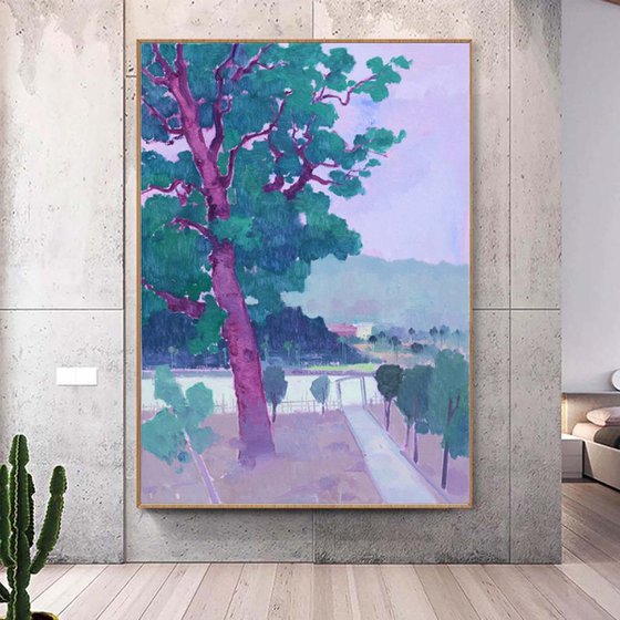 Landscape oil painting:Big trees in front the village 101