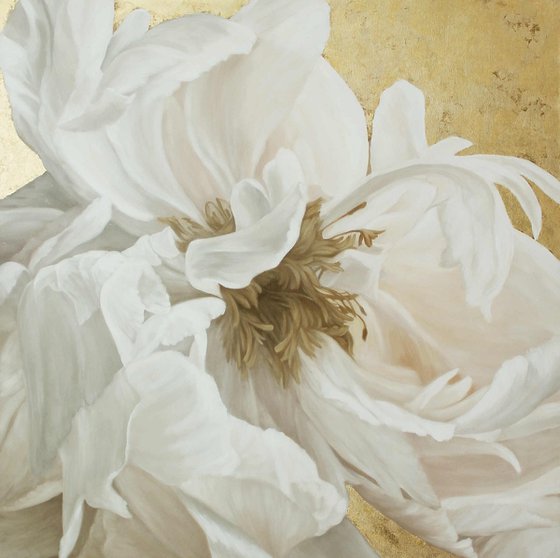 "Silk Flowers 3" White and gold peonies art