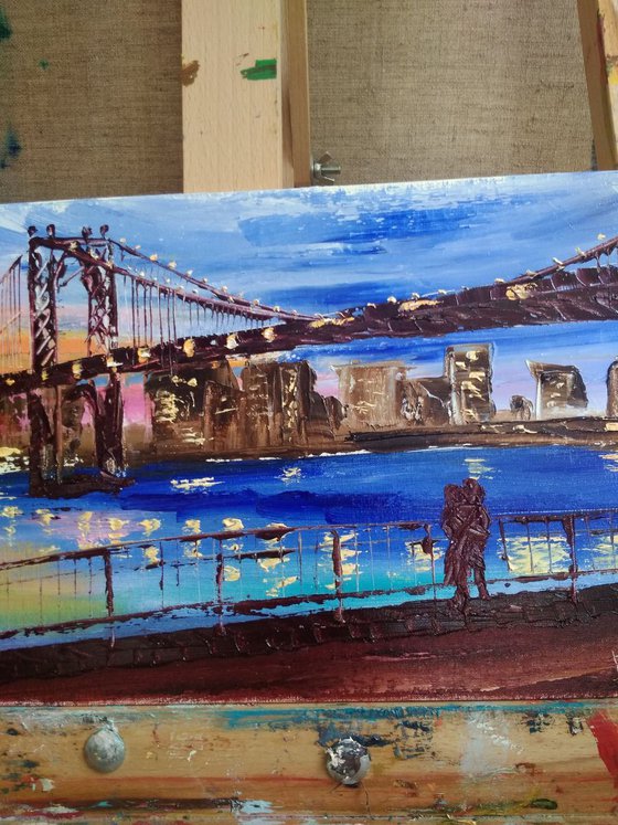 Manhattan Bridge. Sunset in New York