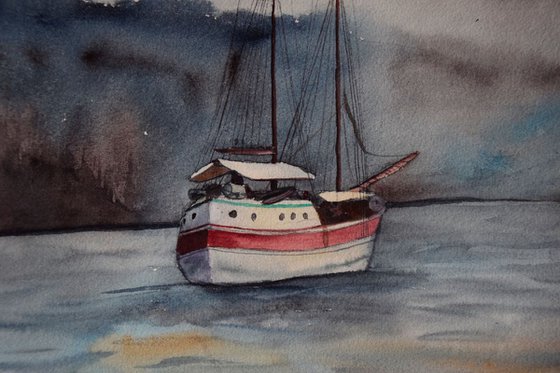 Watercolor painting Ship in Oslo port, Norway fjord