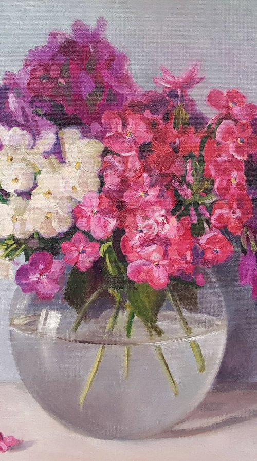 Phloxes in a glass vase original oil painting by Marina Rogusheva