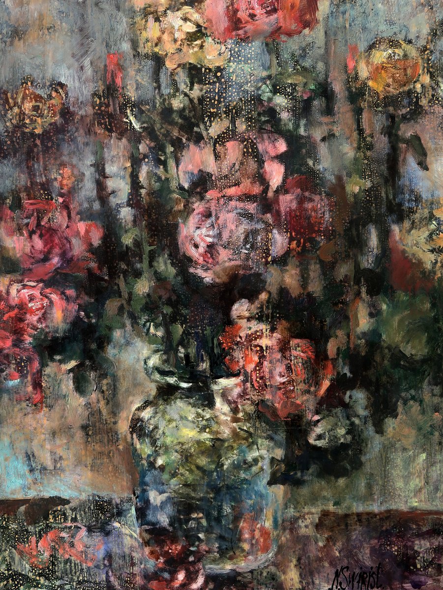 Impressionistic Still Life Painting By Nikifor Swiristuhin, 19 X 26", Crystal Roses., Original Artwork