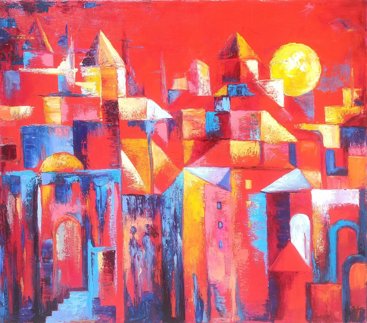 Impressionistic Cityscapes Oil Painting By Arto Mkrtchyan, 24 X 20, Abstract Urban Sunset, Original Artwork