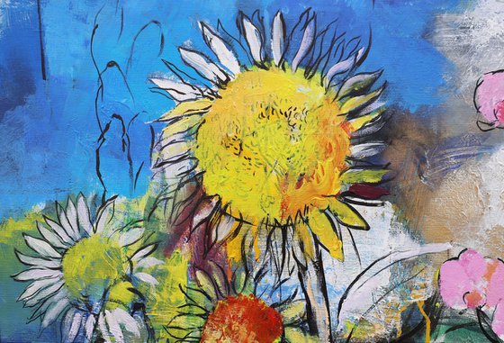 Sunflowers. Orchids. Fruits