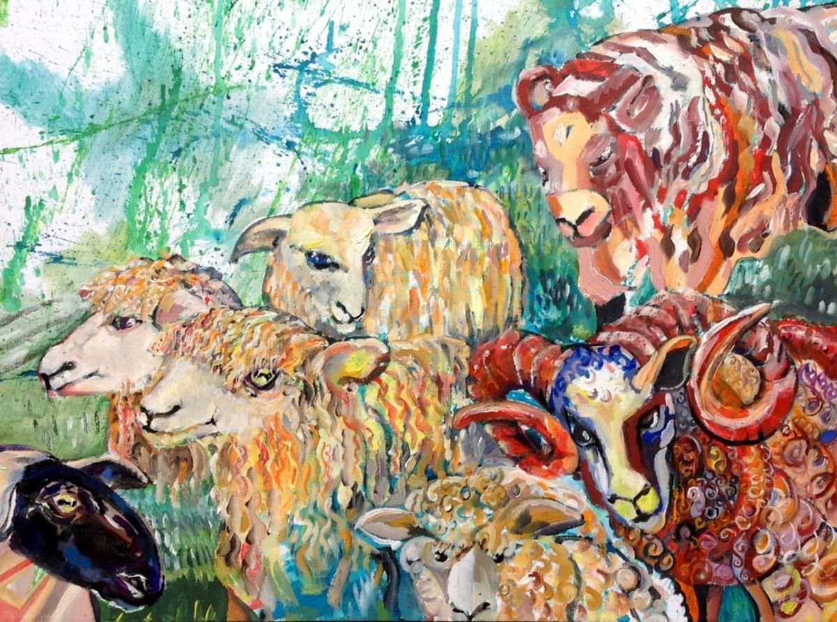 Naive Animal Oil Painting By Chris Walker, 24 X 18, Cotswold Medley, Original Artwork