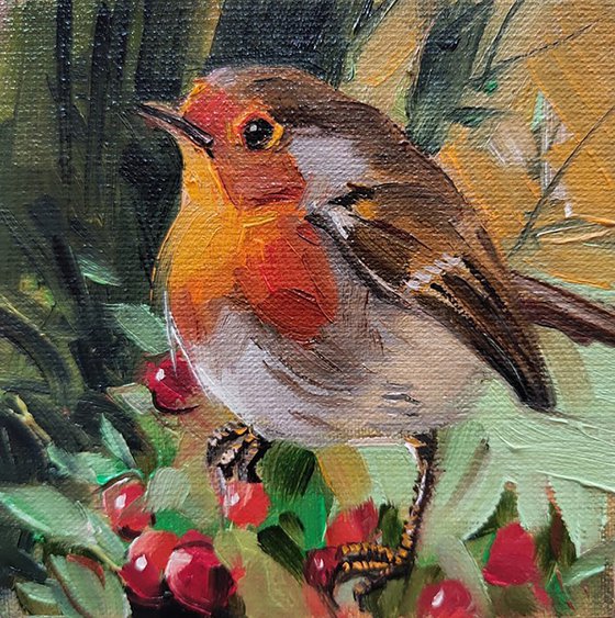 Robin bird on brunch art painting, Miniature painting 4x4 bird painting original, Gift for dad, Christmas day gift