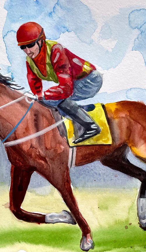 Horse Watercolor Painting, Horse Racing Original Artwork, Equestrian Sport Picture, Farmhouse Decor by Kate Grishakova
