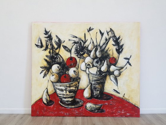 Fruitfulness: extra large modern still life with fruit in vases - 135/155cm