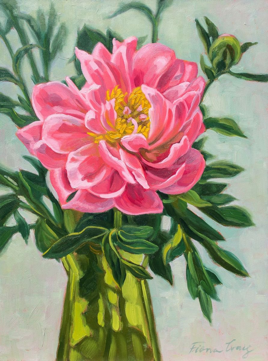 Coral Peony in Green Glass by Fiona Craig