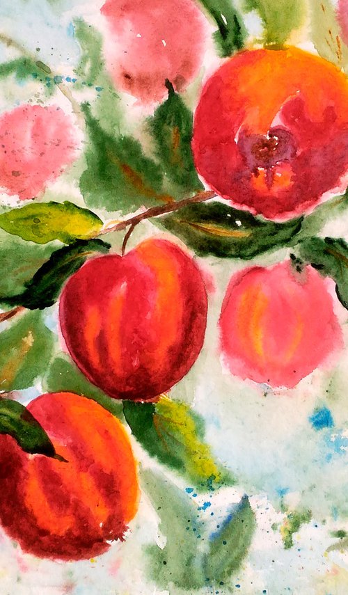 Apples Painting Fruit Original Art Apple Tree Watercolor Apple Branch Artwork Wall Art 17 by 12" by Halyna Kirichenko by Halyna Kirichenko