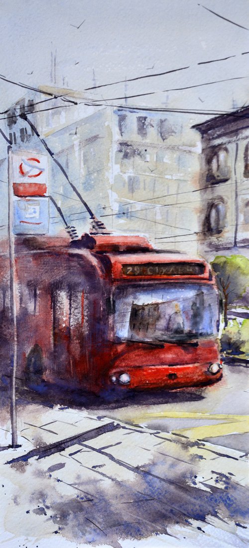 Trolleybus on the student square Belgrade 17x36 cm 2022 by Nenad Kojić watercolorist