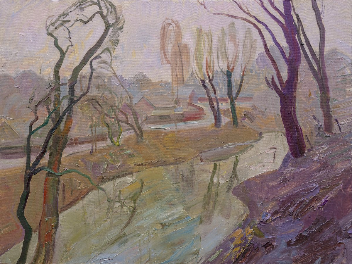 Impressionistic Landscape Oil Painting By Victor Onyshchenko, 31 X 24", River Flows Into The Distance, Original Artwork