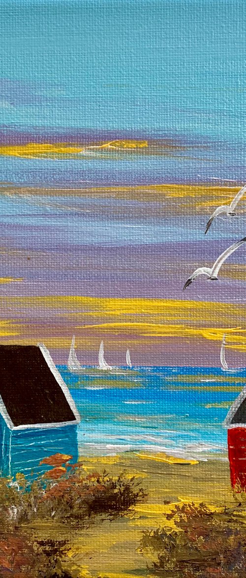 Three Beach Huts on the Beach by Marja Brown