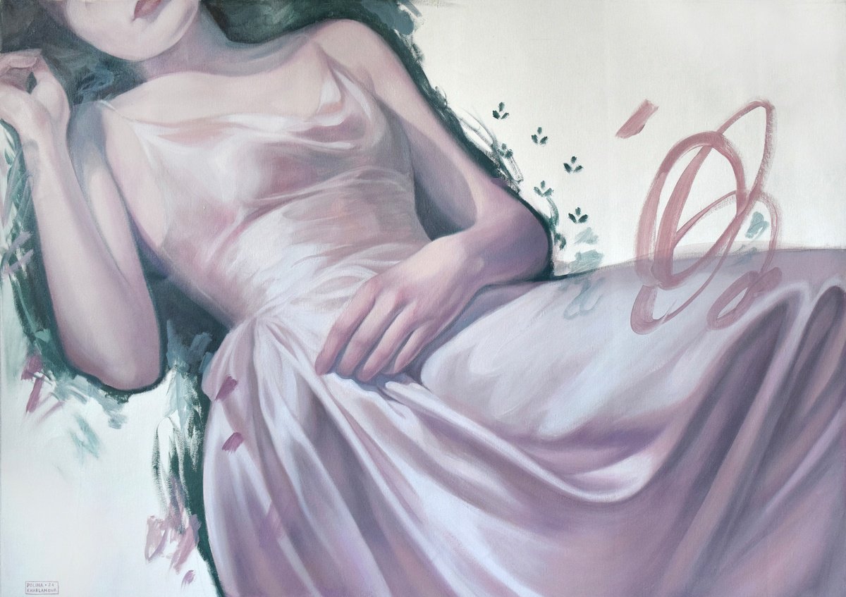 Impressionistic Portrait Oil Painting By Polina Kharlamova, 41 X 30", Woman Lying Down, Original Artwork