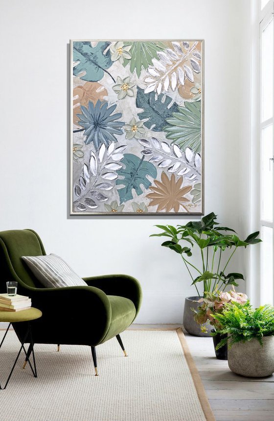 Oasis - Silver Foil Abstract Painting, 3D Texture Flower Painting ...