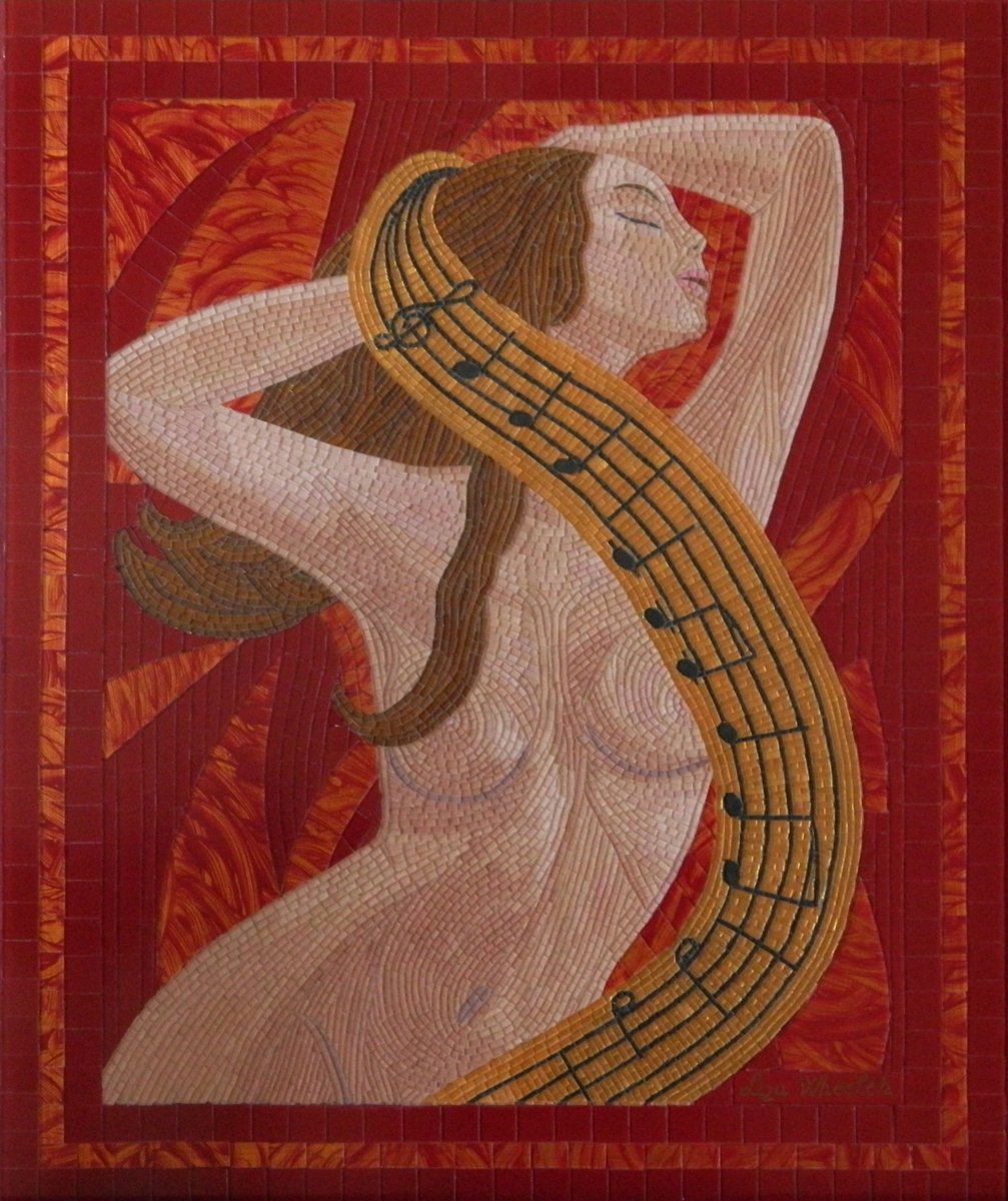 Passion for Music - Original, unique, figurative glass mosaic nude musical mood by Liza Wheeler