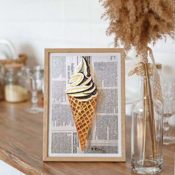 "Ice Cream on Newspaper " Original Oil on Canvas Board Painting 7 by 10 inches (18x24 cm)