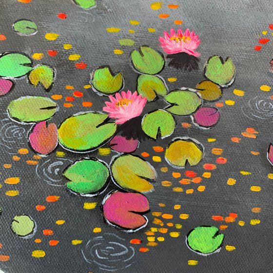 Water lily pond ! Grey water 1! Small Painting!!  Ready to hang