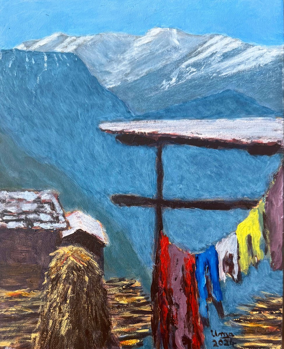 Impressionistic Landscape Acrylic Painting By Uma Krishnamoorthy, 8 X 10", Village In The Himalayas, Original Artwork