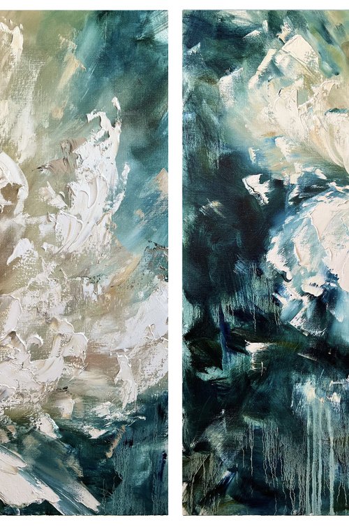 STUNNING COUPLE - Set of 2 abstract flowers. Peony diptych. Macro. Textural painting. 3D flowers. Regal. Elegant. Awesome. by Marina Skromova