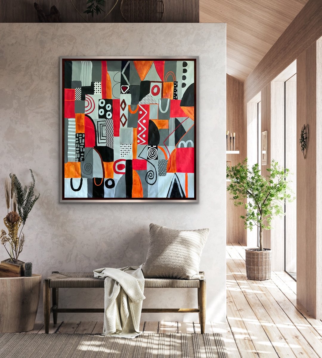 Organic Abstract Acrylic Painting By Rashna Hackett, 34 X 35", Life Is Zigzag 2, Original Artwork