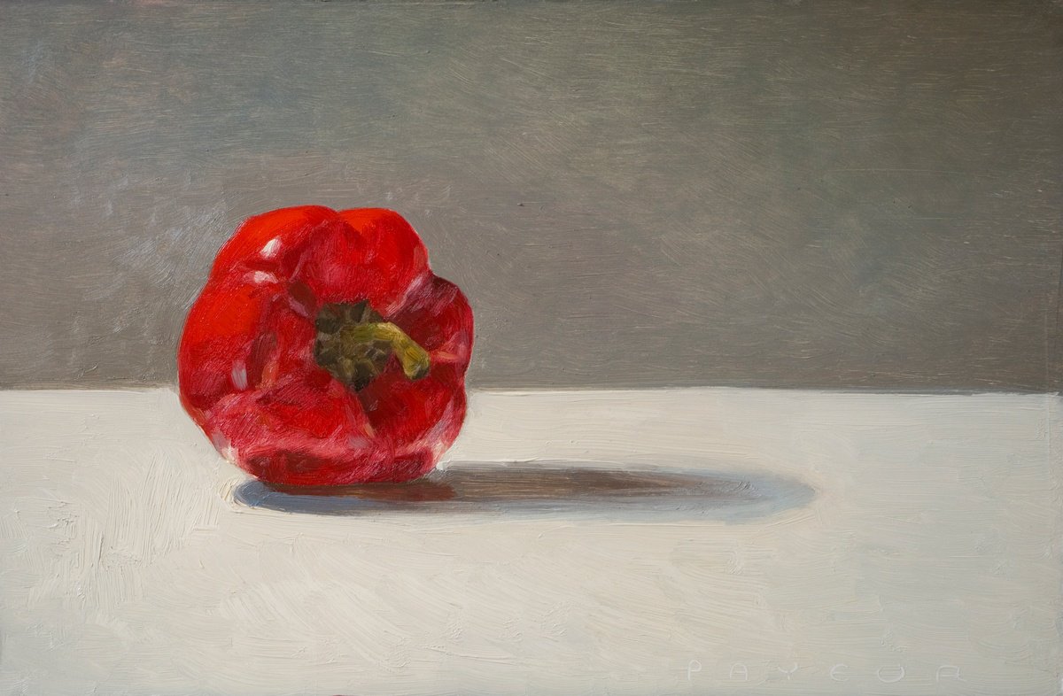 Photorealistic Still Life Oil Painting By Olivier Payeur, 16 X 11", Red Pepper On White, Original Artwork