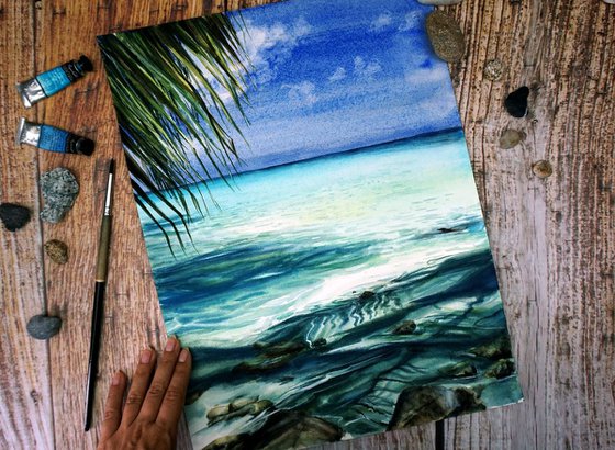 Paradise Beach ORIGINAL Watercolor Painting - Blue Sea Waters Painting