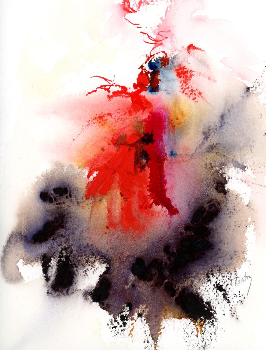 Abstract Watercolour By Alex Tolstoy, 7 X 10, Red Flare, Original Artwork