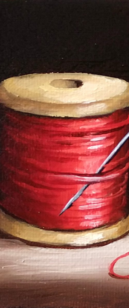 Little Red needle and thread still life by Jane Palmer Art