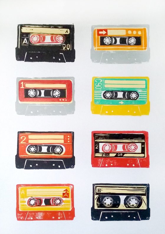 Linocut tapes #55 (cassette tapes, retro music, 70's, 80's rock culture)