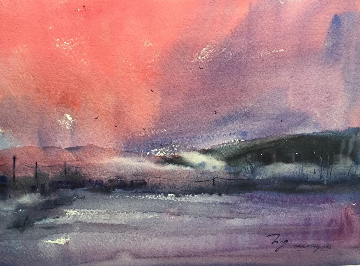 Impressionistic Landscape Watercolour By Jing Chen, 15 X 11, Sunset Glow, Original Artwork