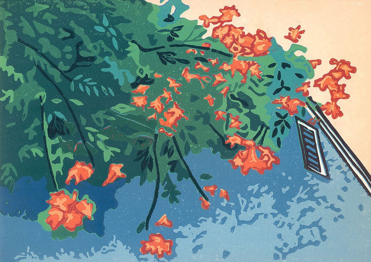 Botanical Linocut By Kate Goetz, 13 X 10", Hummingbird Vine, Original Artwork