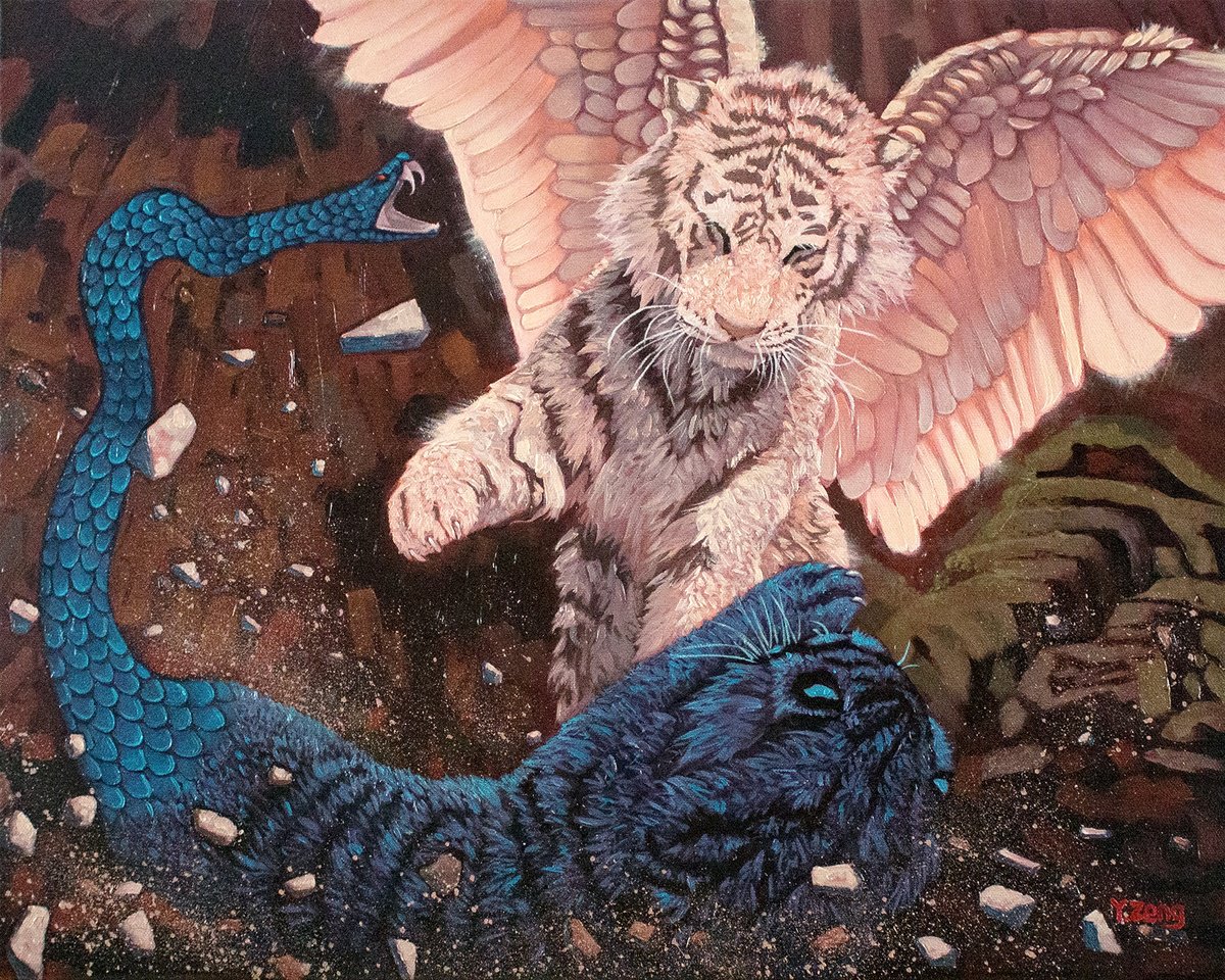 Surrealistic Animal Oil Painting By Yue Zeng, 20 X 16", Angel And Demon Fantasy Tigers, Original Artwork