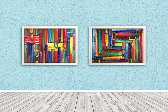 "No Direction" - Save As Series + FREE USA SHIPPING - Original PMS Abstract Diptych Oil Paintings On Recycled Wood - 80" x 28"