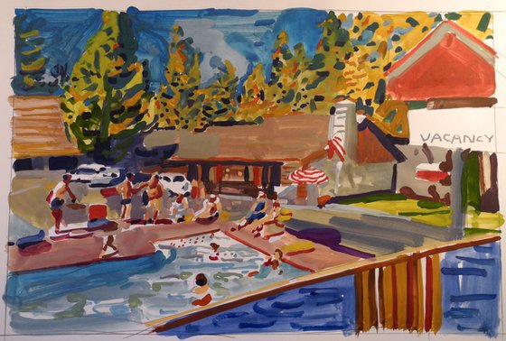 Motel pool scene - gouache