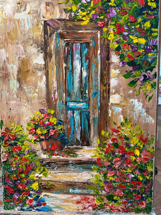Old door with flowers
