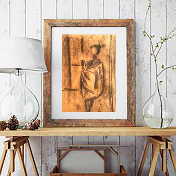 Coffee Time Painting Woman Original Art Lady Charcoal Drawing Wall Art 12 by 17 inches by Halyna Kirichenko