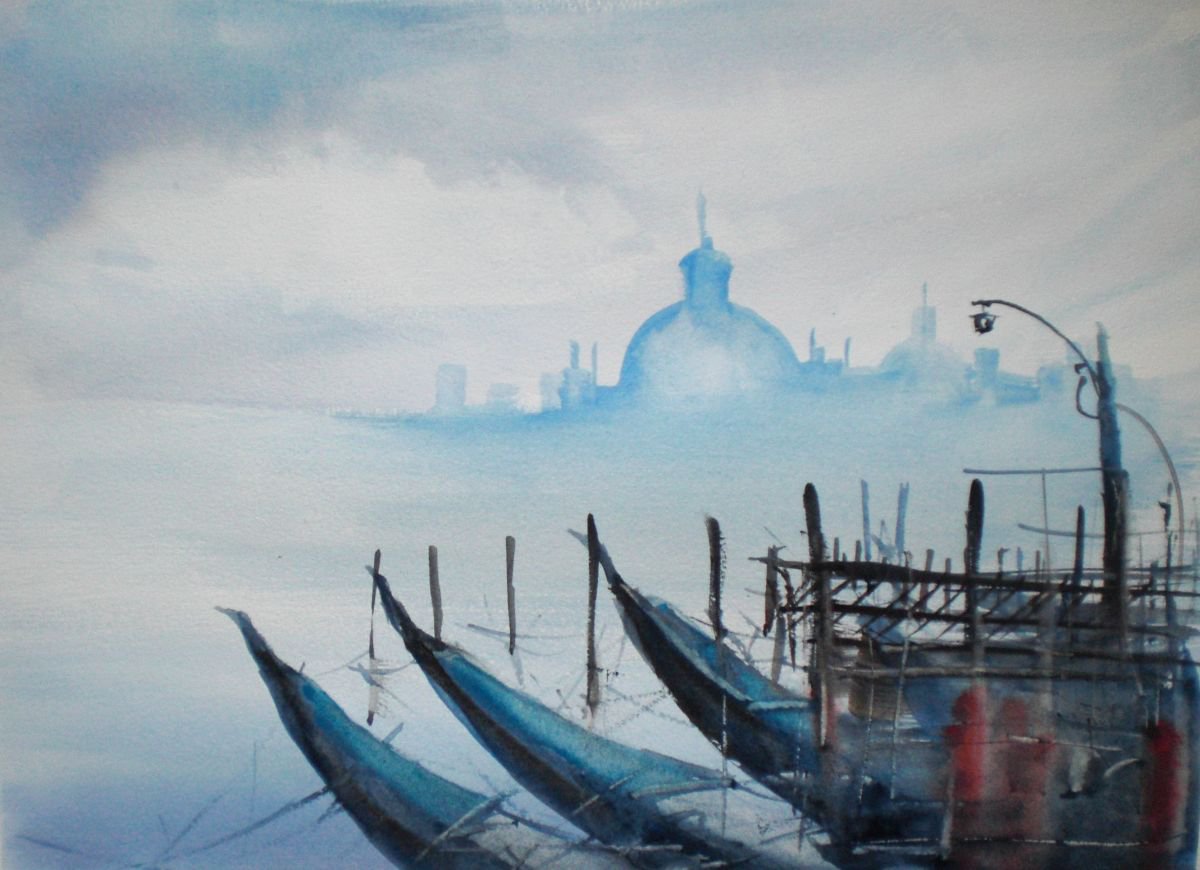 Expressive Cityscapes Watercolour By Giorgio Gosti, 15 X 11, Gondolas In Venice, Original Artwork