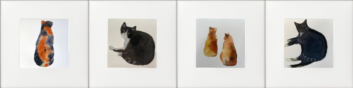 Impressionistic Animal Watercolour By Teresa Tanner, 36 X 9", 4 Watercolour Cats, Original Artwork