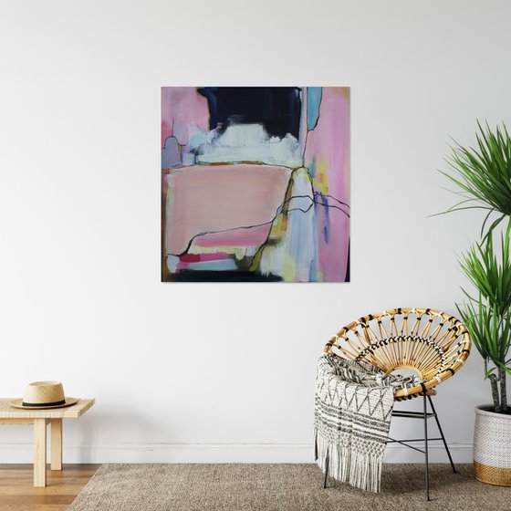Pink White and Indigo Modern Abstract - Square Painting