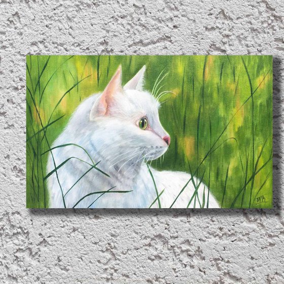 white Cat for a walk. Realistic Portrait a lovely Cat